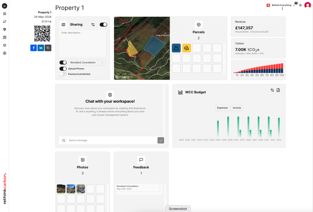 Workspaces dashboard with share settings, parcels, budgets, AI brainstorm, budgets and feedback