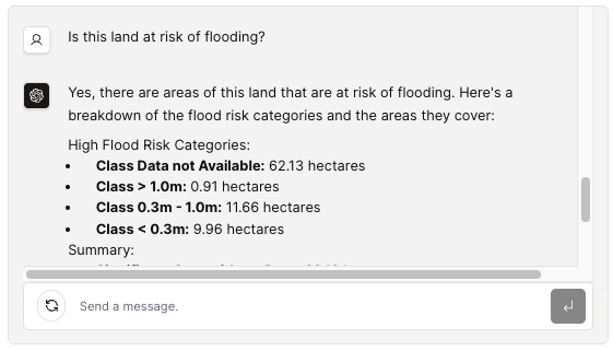 AI Brainstorm, asking the question 'Is this land at risk of flooding?'