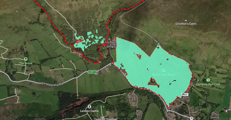 Aerial image showing AECS opportunities for Agroforestry by Scottish Forestry on an area of land