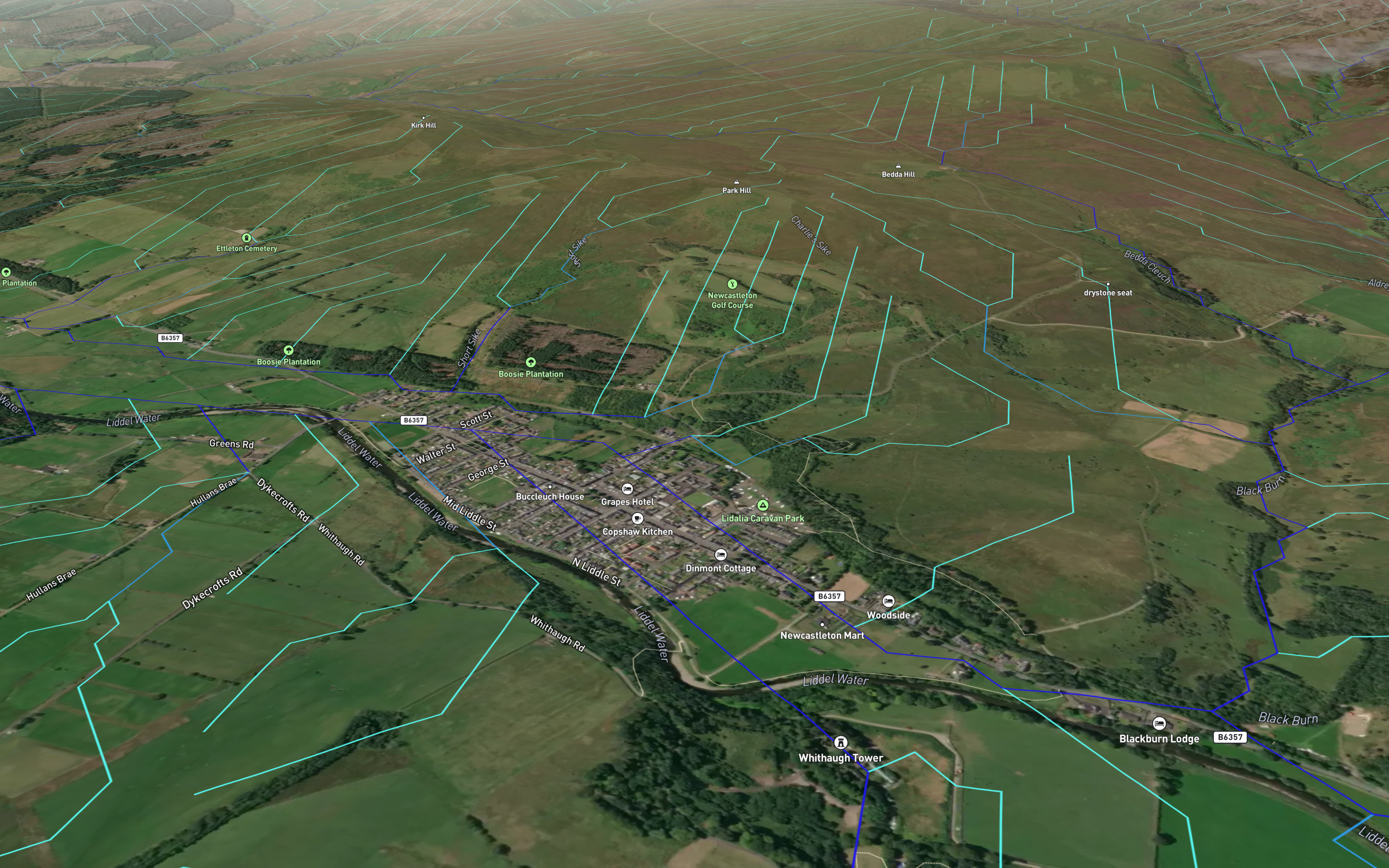 ‘Channel Flows’ layer created using analysis from a digital terrain model built from OS Terrain 50 data, on the Rethink Platform over the Newcastleton catchment area.