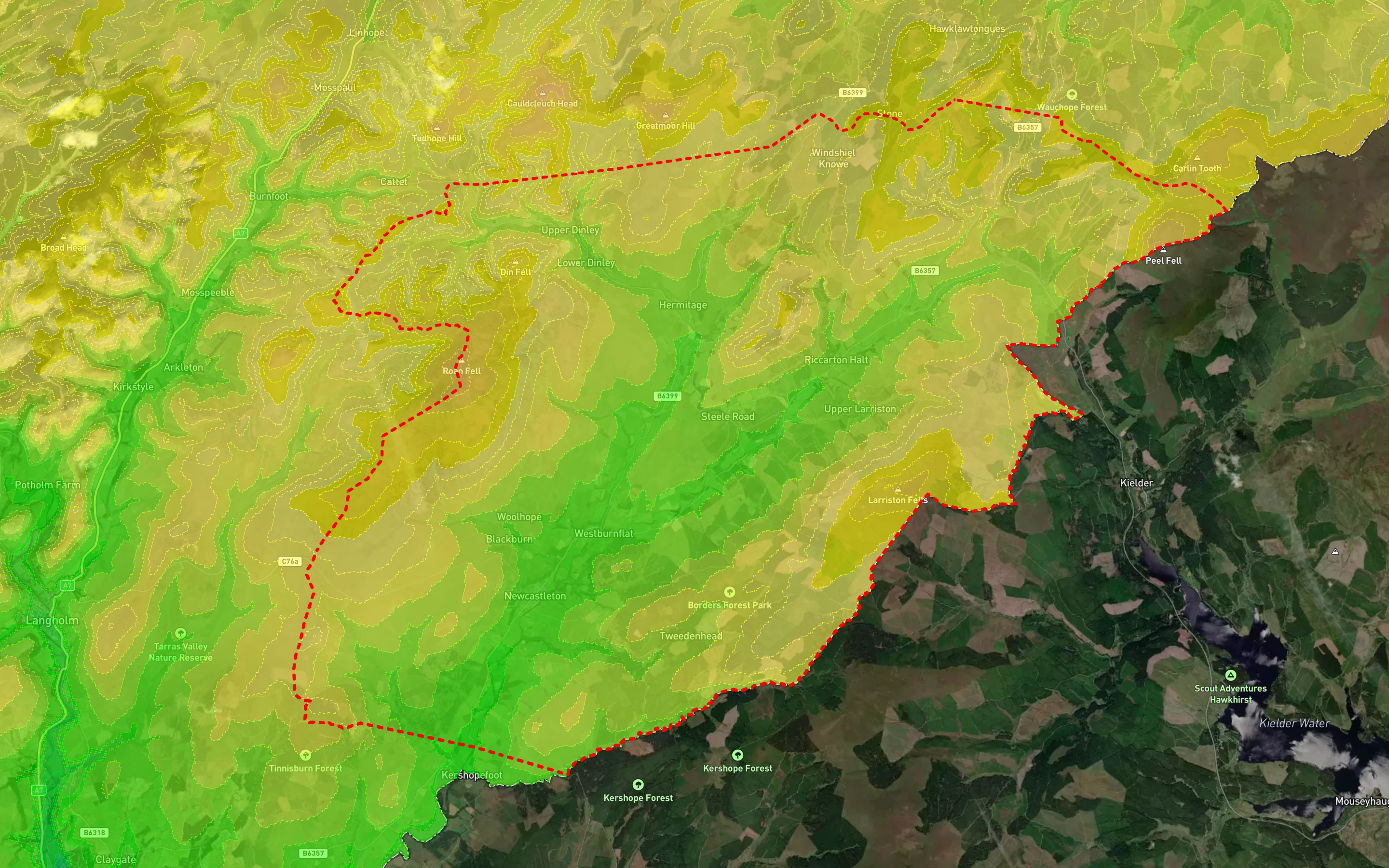 ‘Elevation’ layer created using data from OS Terrain 50 on the Rethink Platform over the Newcastleton catchment area.
