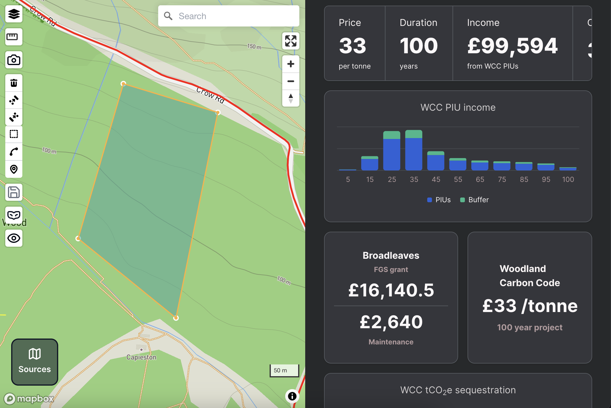Woodland Carbon Code dashboard on the Rethink Platform