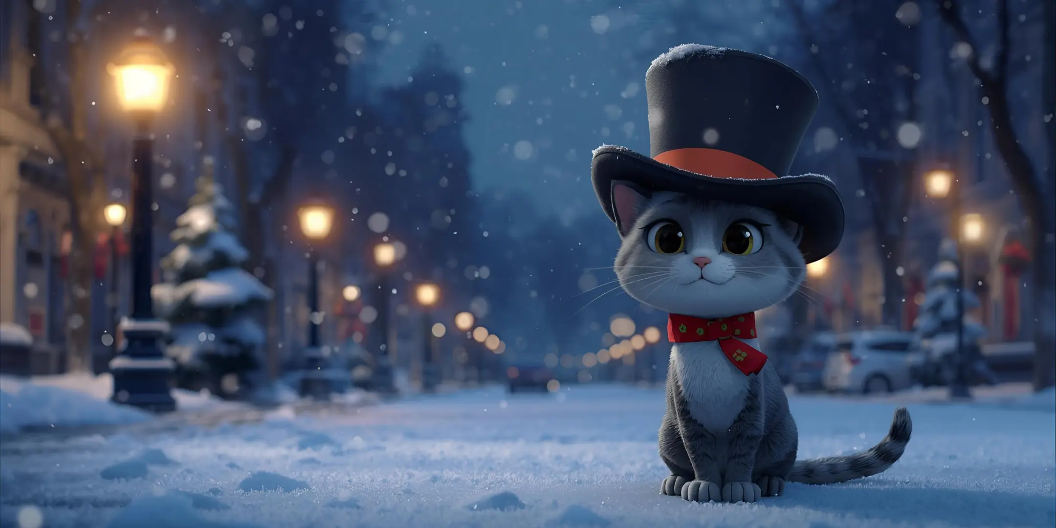 AI generated image of a cute cartoon cat, in a top hat, in a street, on a snowy night